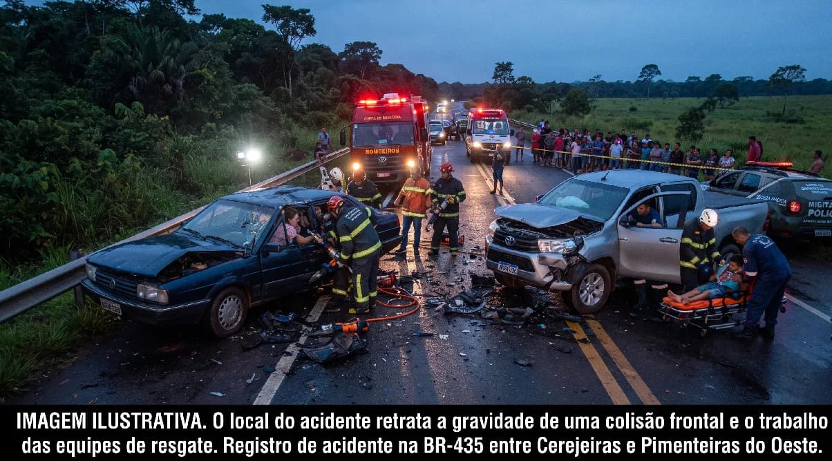 Acidente frontal na BR-435 deixa mulher presa às ferragens entre Cerejeiras e Pimenteiras do Oeste